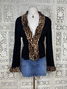 INC international Concepts Black Ribbed Cheetah Print Single Closure Cardigan